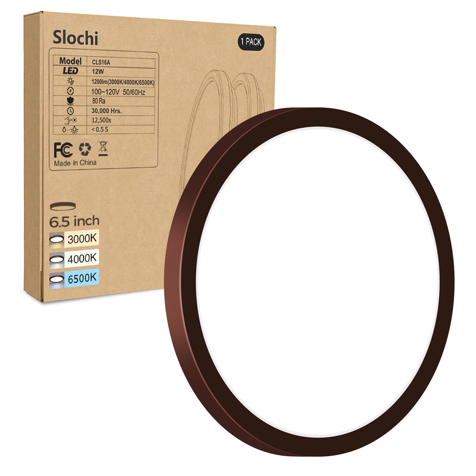 slochi LED Flush Mount Ceiling Light Fixture, 12W 1200Lm, 6.5 Inch, Oil-Rubbed Bronze, 3000K-4000K-6500