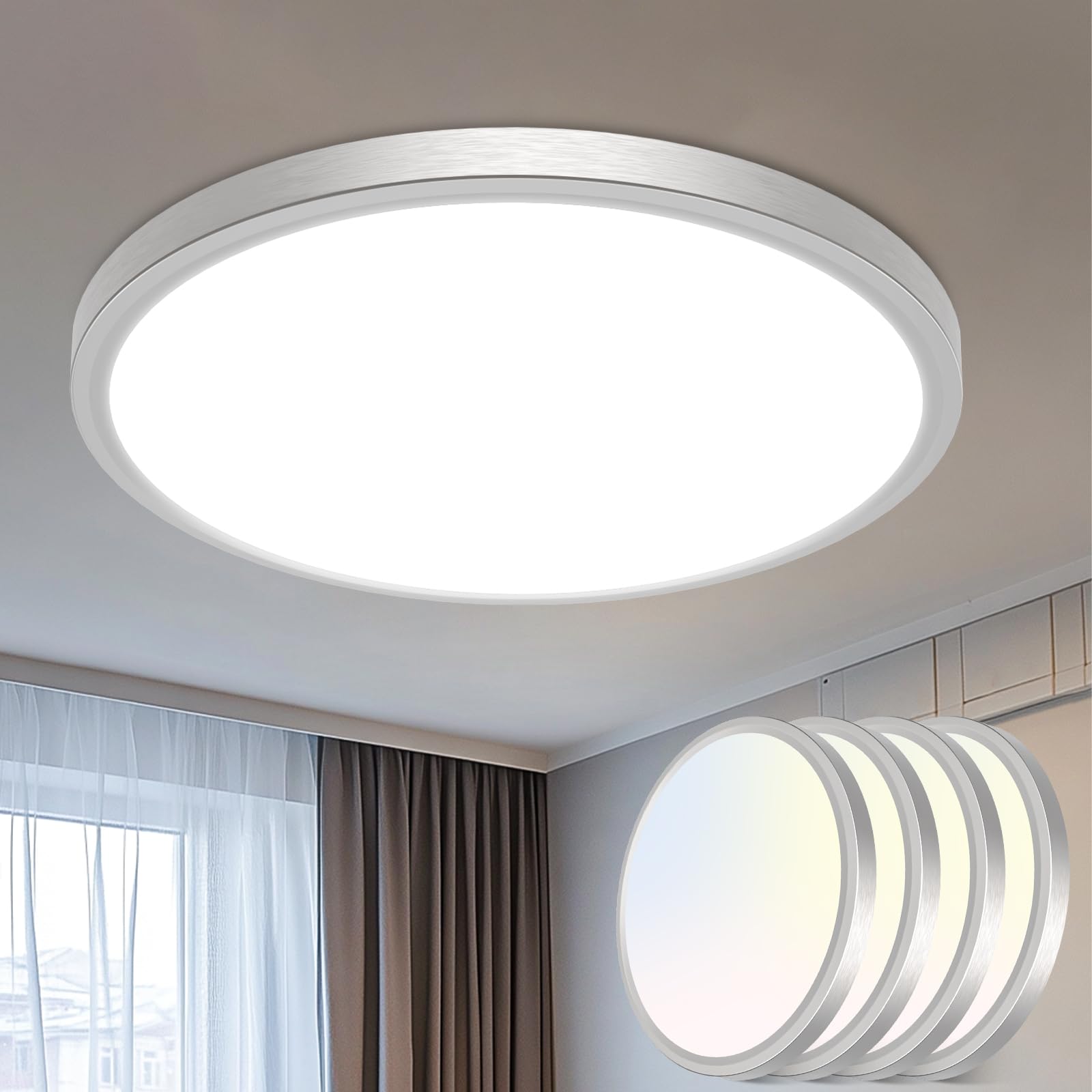 libtit 16Inch LED Ceiling Light Fixture, 3000K/4000K/6500K, Brushed Nickel, 36W, 3600lm, 4 Pack