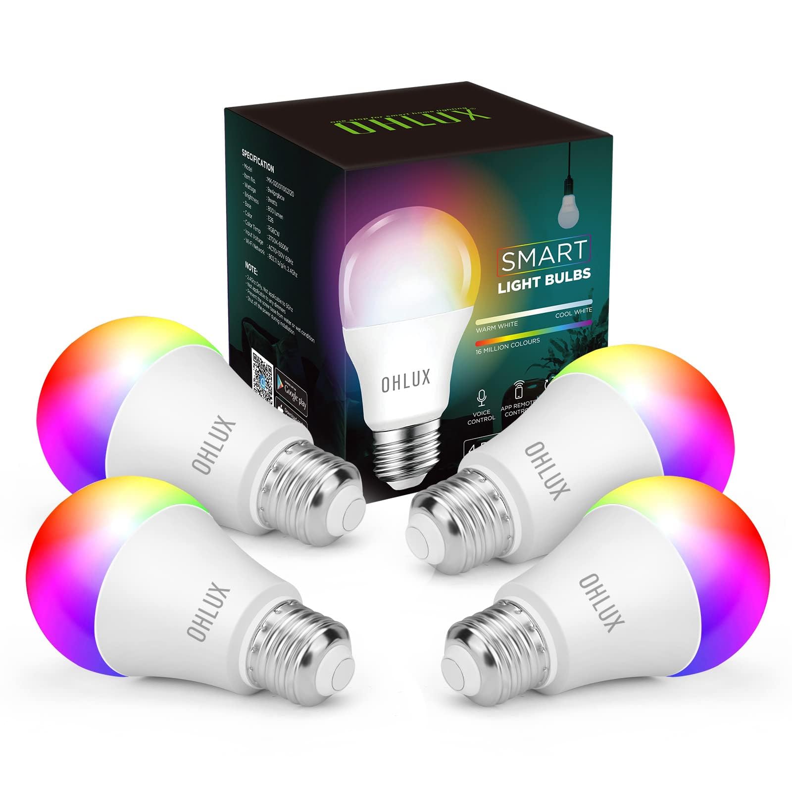 Ohlux Smart Wifi Led Light Bulbs Compatible With Alexa Google Home 900Lumen 100W Equivalent, Rgbcw Multi-Color, 2700-6500K Dimma
