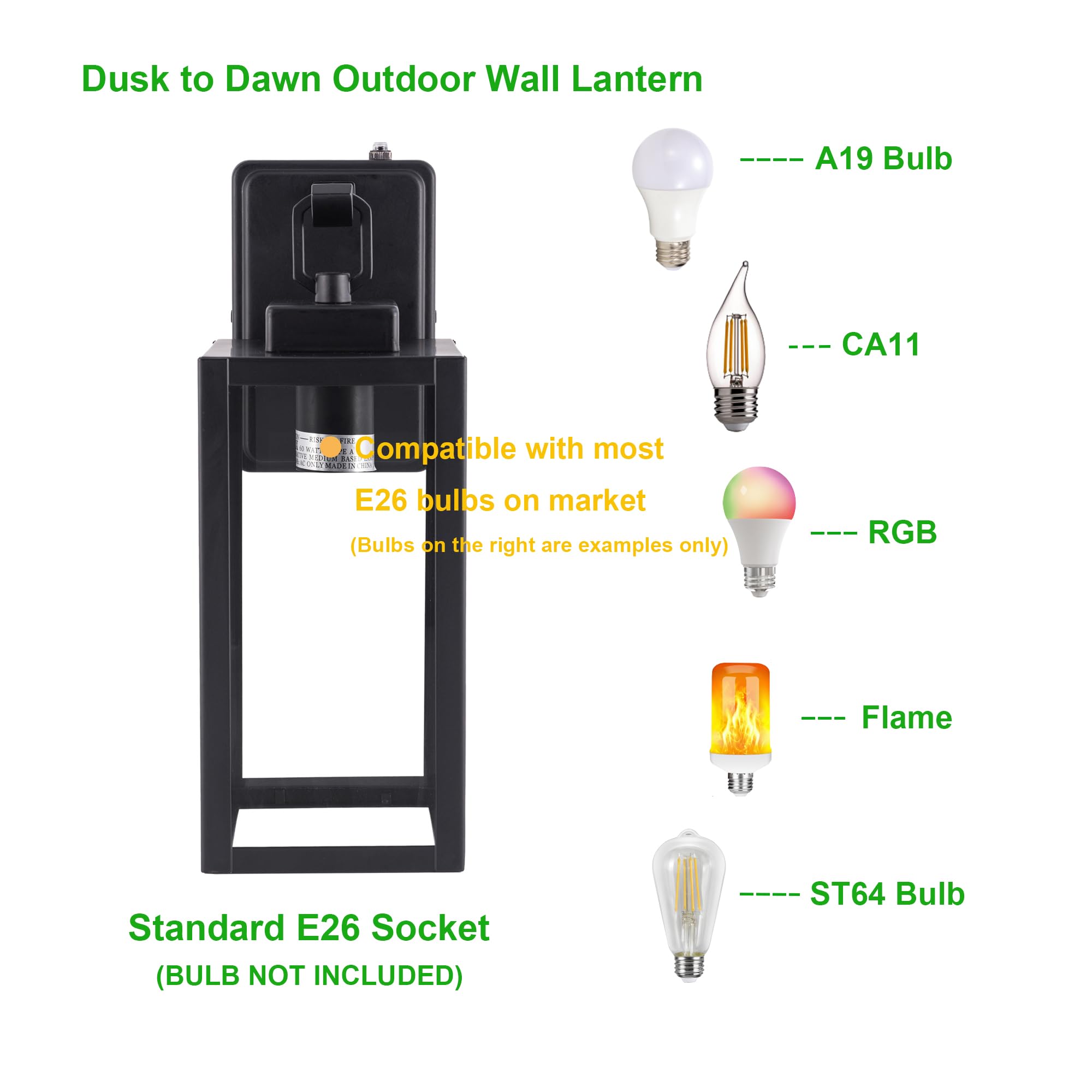 LIT-PaTH Outdoor Wall Lantern, Dusk to Dawn, E26 Max 60W, Anti-Rust Metal, Glass Shade, Black, 1-Pack, Model LT-WL025P