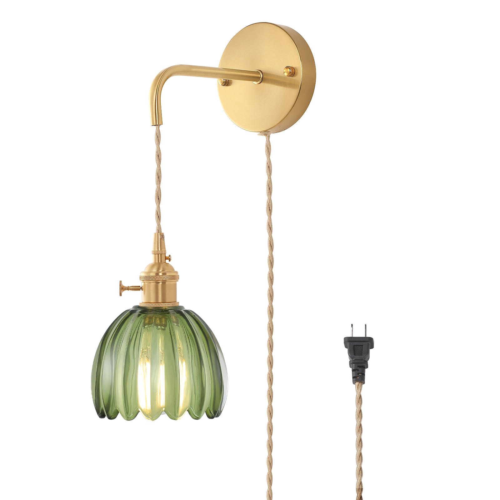 Shenmoyl Vintage Wall Sconce Lamp with Green Tulip Glass Shade, Plug-in, Brass, Model 1-9390