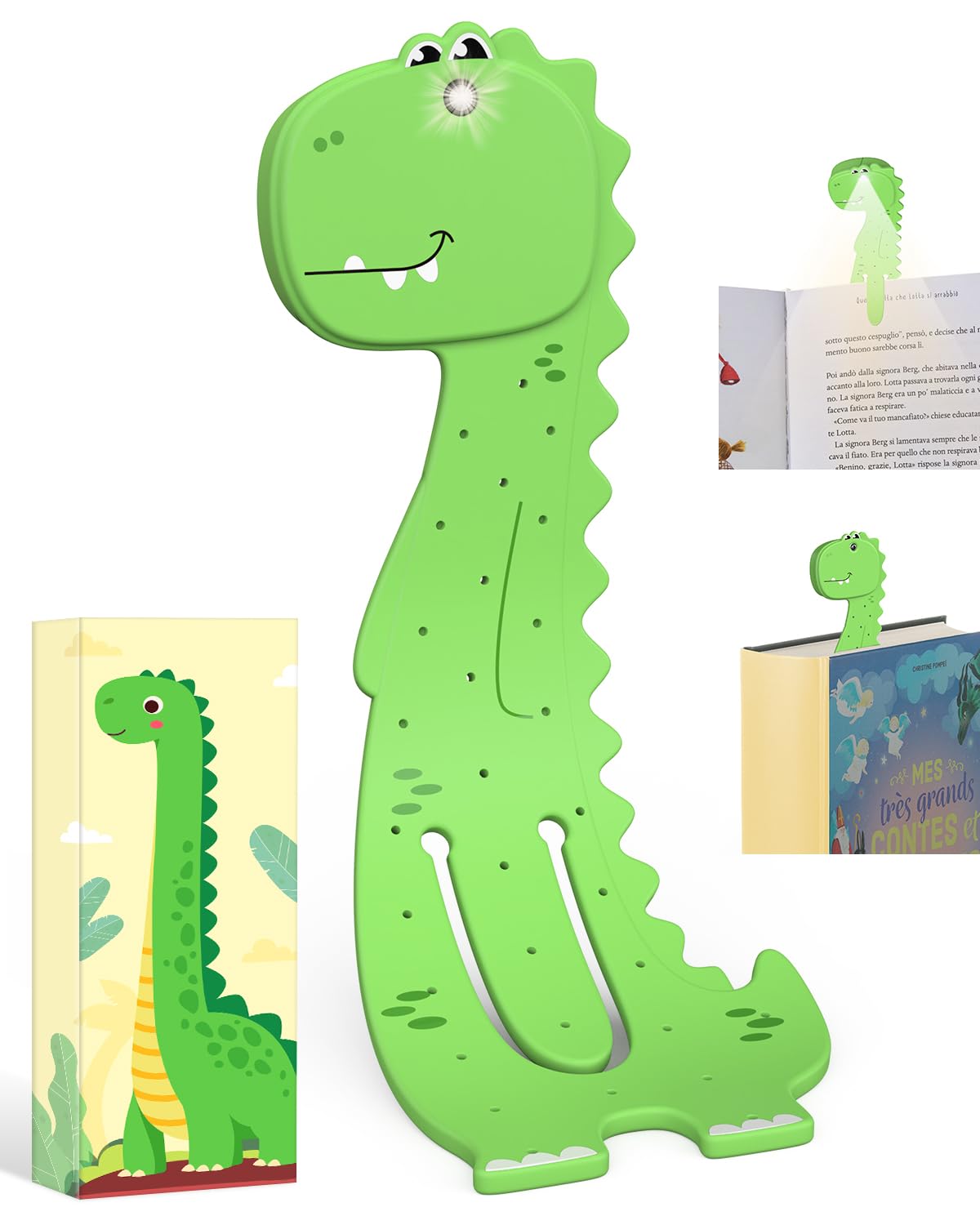 EastPin Dinosaur Book Light for Kids, Green, Model BMC-BL-DNS3, Cute Bookmarks, Perfect Stocking Stuffer for Boys 3-8 Years Old