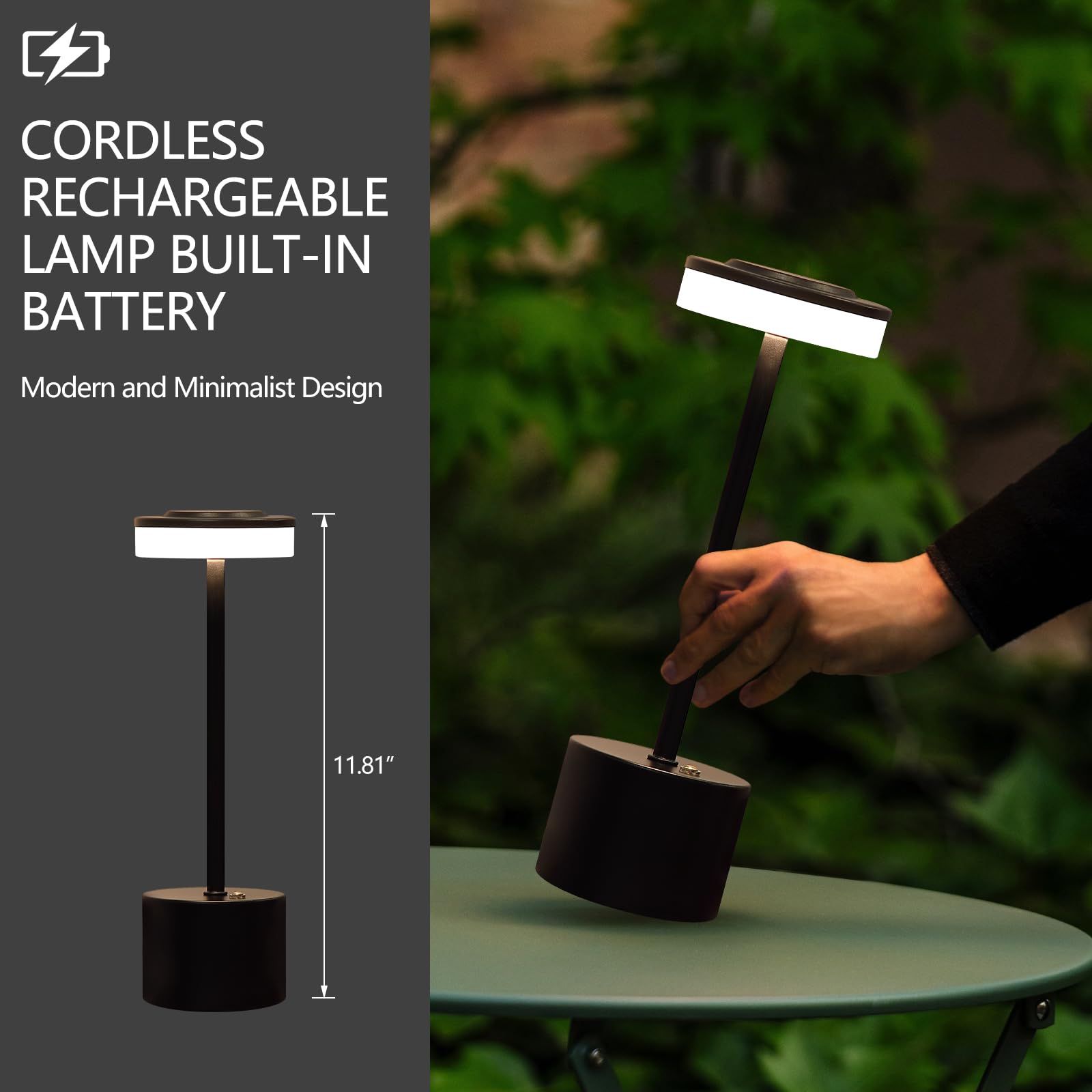 Aihying Black Cordless Table Lamp Portable Led Desk Lamp 5000Mah Battery Operated 3 Color Stepless Dimming Up For Restaurant Bed