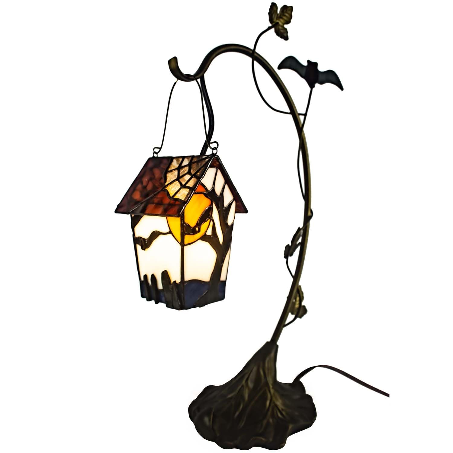Bieye L10938 Spooky Graveyard Tiffany Style Stained Glass Birdhouse Table Lamp for Halloween Decor (21-inch High, Bat Nest)