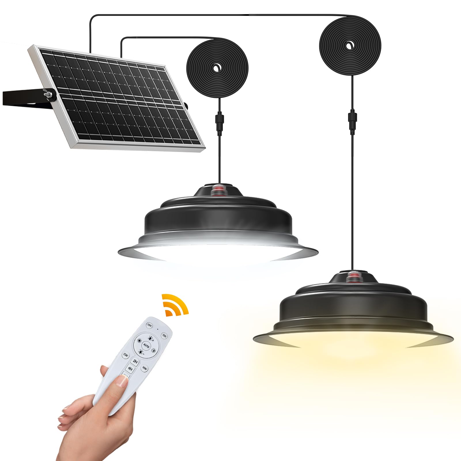 Malitupy Solar Lights Indoor Outdoor Home 1000 Lumen Dual Head Solar Shed Light With Dimmable Remote Control 120Led Cool/Warm White Solar Pendant Light For Patio Porch Barn Farm House