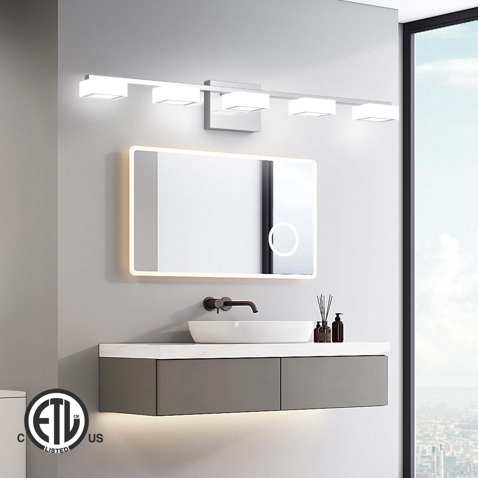 MYTH REALM 5-Light Dimmable LED Bathroom Vanity Light Fixture, Chrome Acrylic, 33 inch, Model LJQ02-L5T-CH, Adjustable 2700K-6500