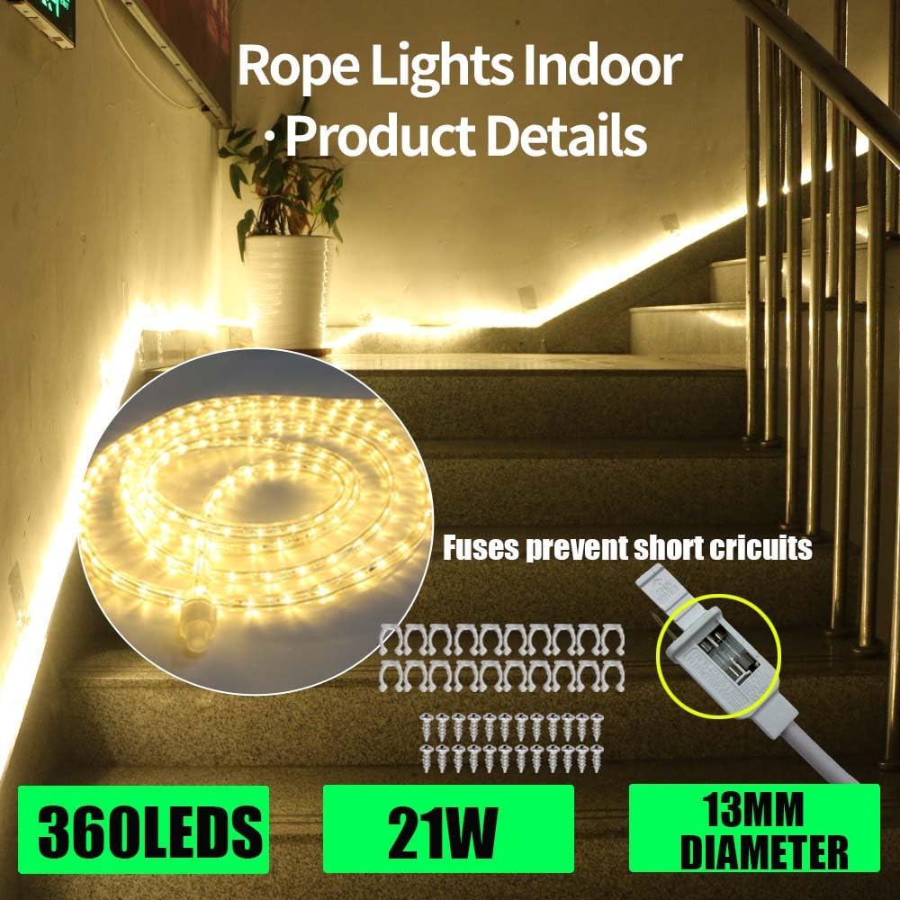 Foeers 10M 360 Led 110V Rope Lights 33Ft Outdoor Wedding Christmas Holiday Decoration Lights (Warm White)