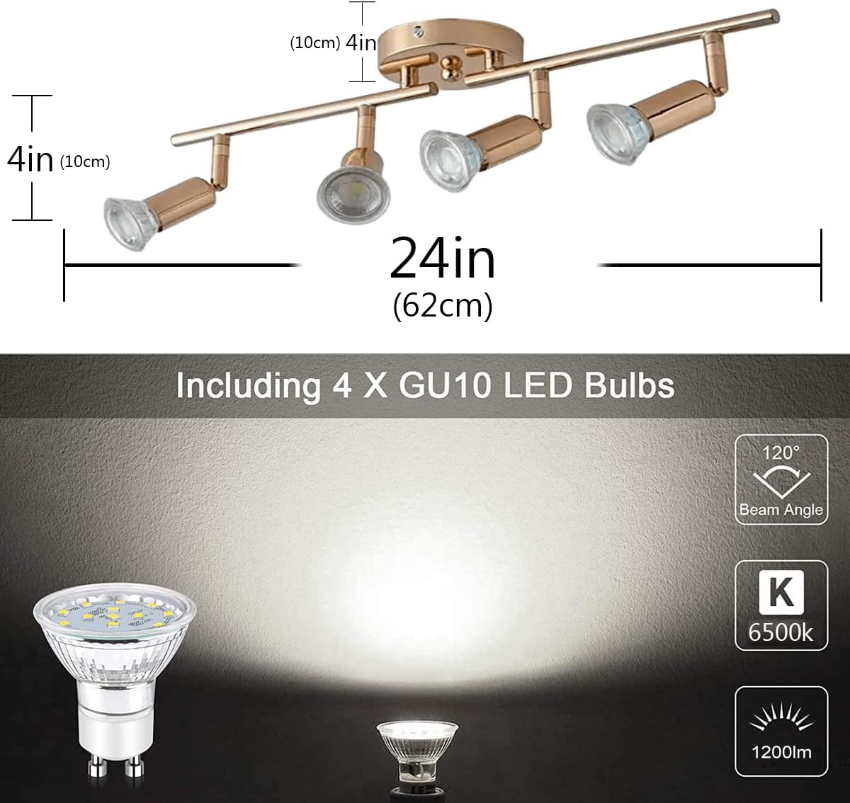 Qcyuui Modern 4-Light Track Lighting Kit, Flush Mount Wall/Ceiling Spot Lights Fixture, Led Track Light With Gold Flexibly Rotat