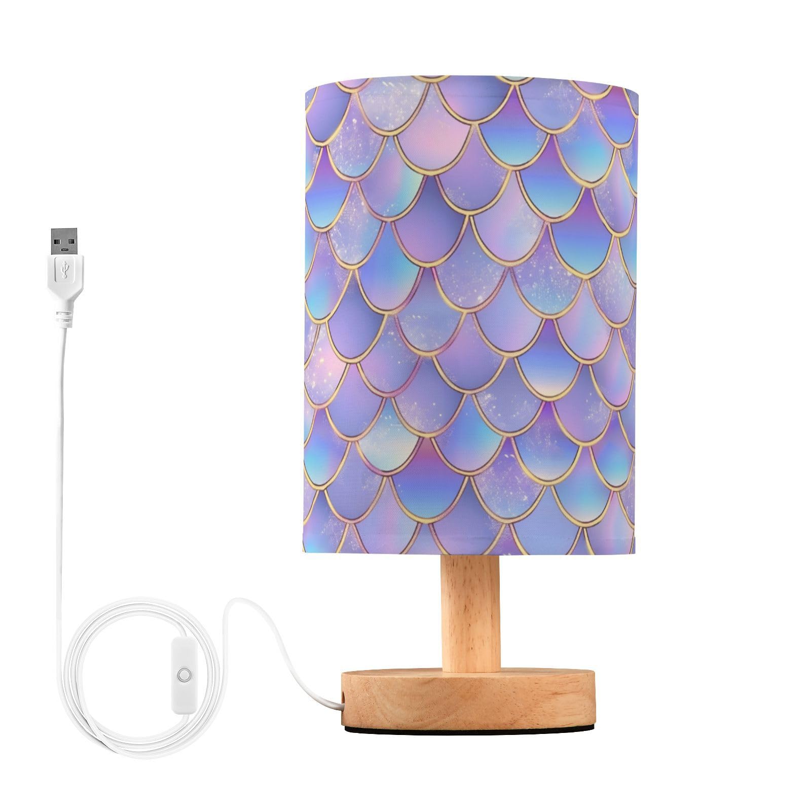 ALAZA Table Lamp with USB Port Bedside Lamp Purple Mermaid Scale Small Nightstand Lamp Desk Lamp for Kids Room Bedroom Office Li