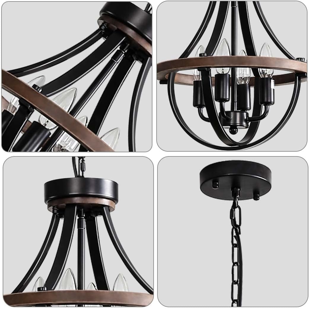 Lanpesting 4-Light Rustic Farmhouse Chandelier, Iron Pendant Lighting, Brown/Black, Model CH-A154-4 for Hallway, Dining Room, Kitchen