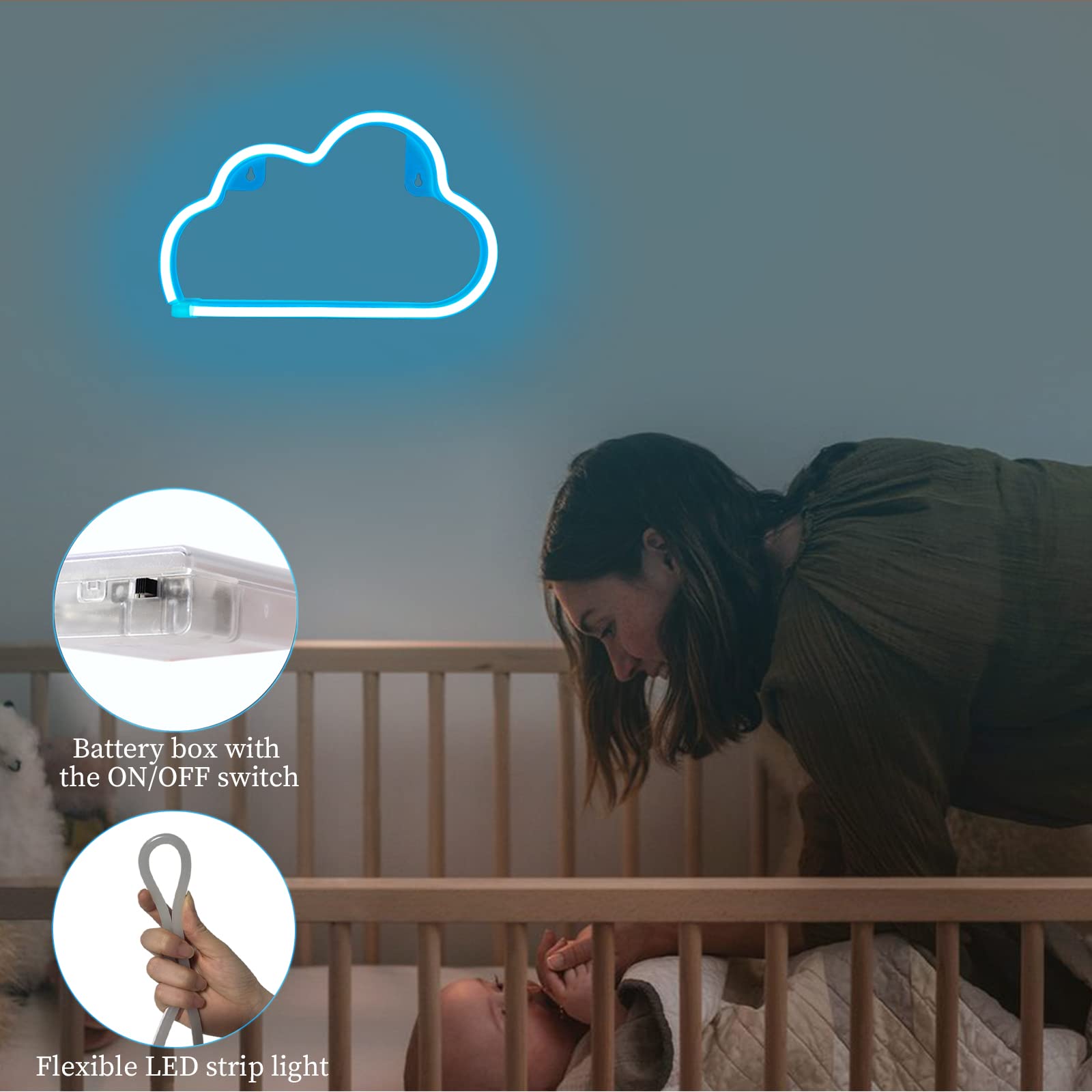 BerniceKelly LED Cloud Neon Sign Light for Wall Decor, Battery/USB Powered, Light Blue