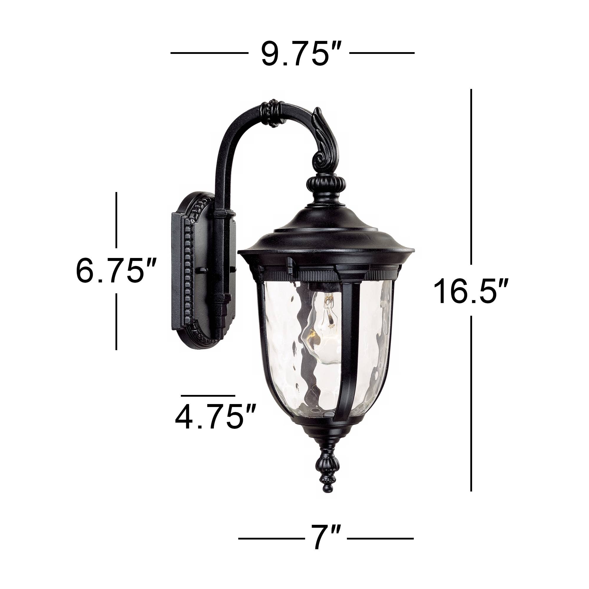 John Timberland Bellagio Outdoor Wall Light Fixture 16.5in Black Aluminum with Clear Hammered Glass, Model 49276