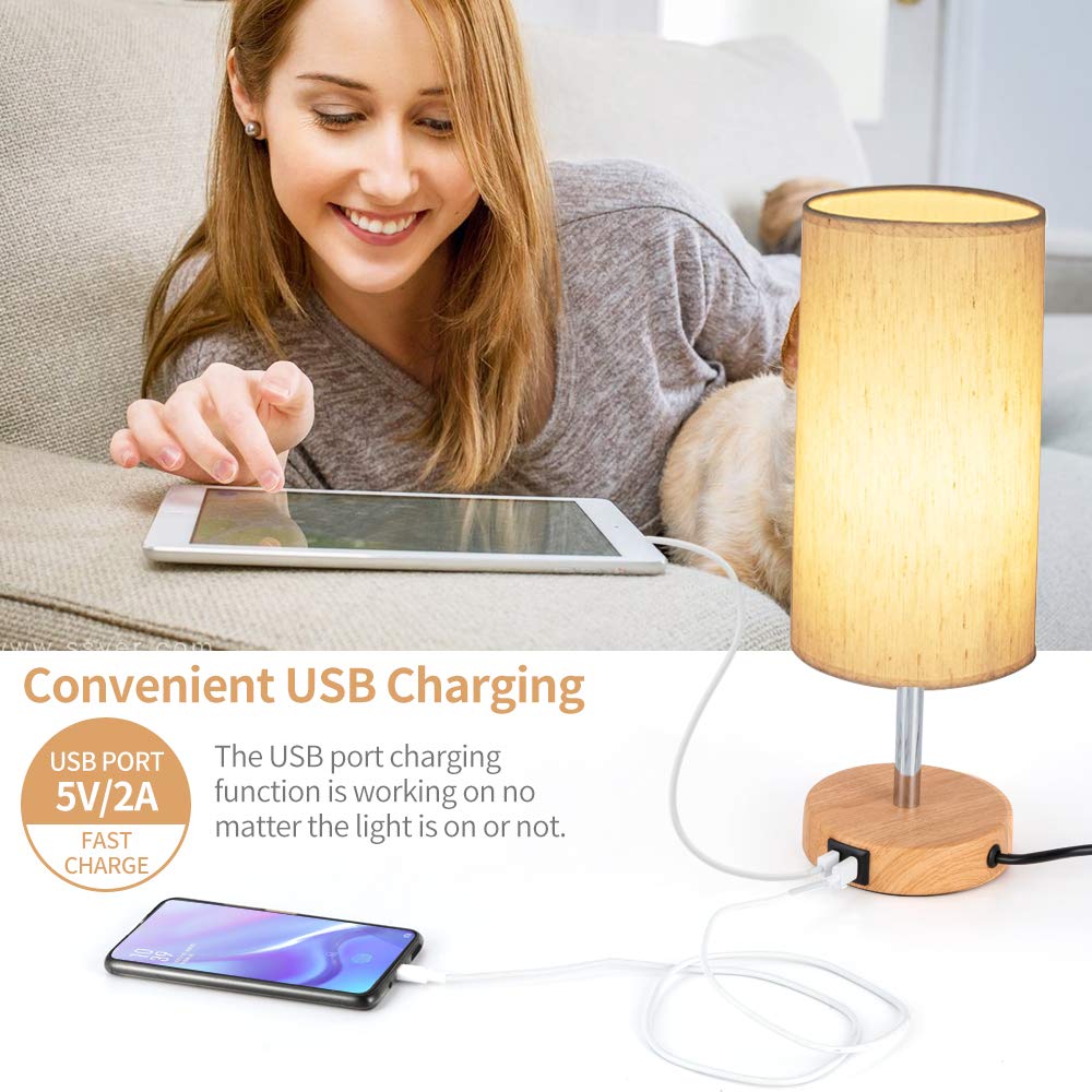 Yarra-Decor USB Bedside Table Lamp - Touch Control, 3-Way Dimmable, Round Flaxen Shade, Bedroom & Home Office, Model Q9