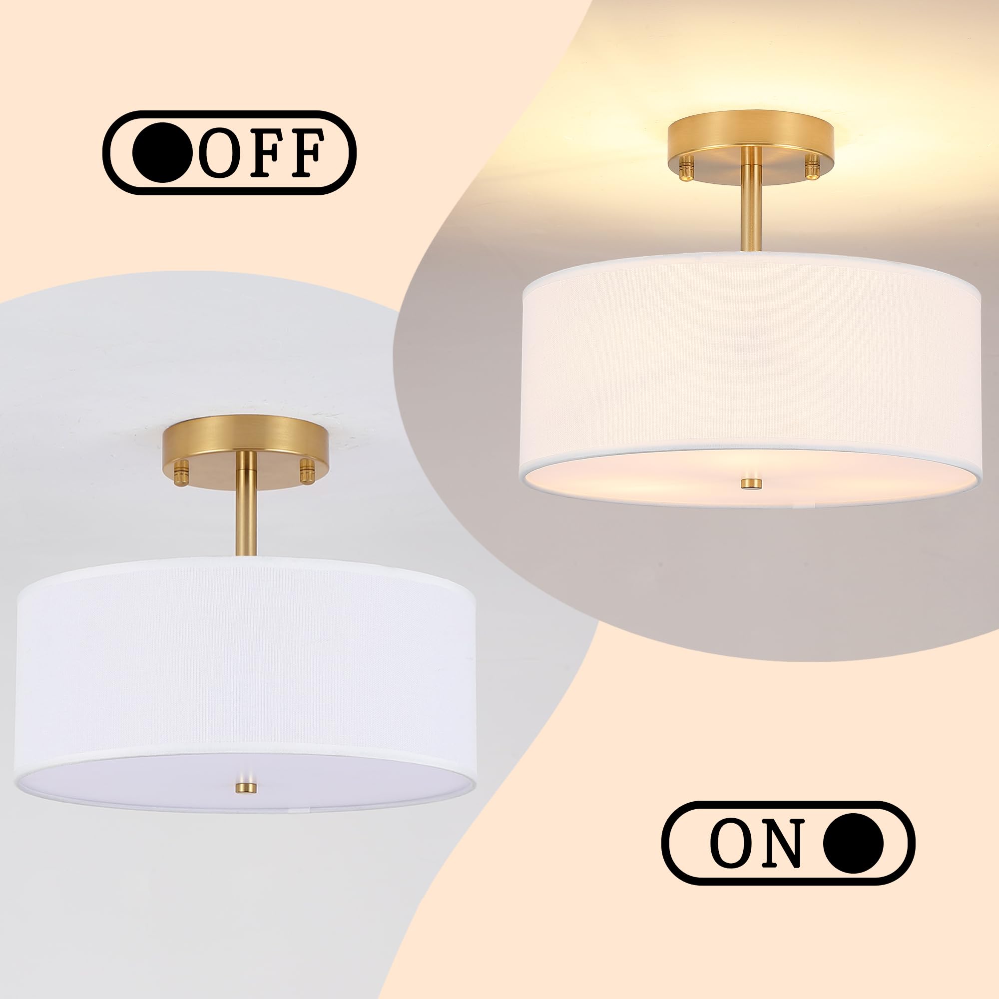 Febeleven 3-Light Semi Flush Mount Ceiling Light Modern Gold Drum Light Fixtures With White Fabric Cover Shade Round Chandelier