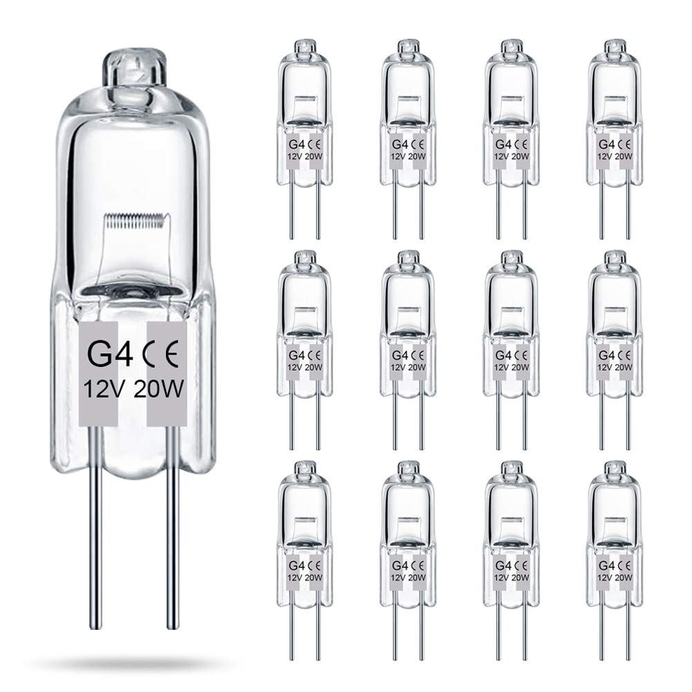 Taiyaloo G4 Bulb 12 Pack Crystal Clear Halogen Light Bulb 2 Pin 12V 20W Jc T3 Bi-Pin G4 Base Dimmable 2700K Warm White 2 Prong L