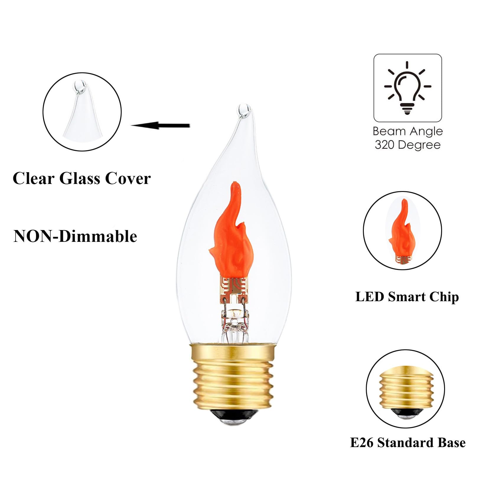 Sunaiony E26 Flame Bulb - LED Flickering Light, Glass, Red, C35 Model, 2 Pack for Christmas & Halloween Party