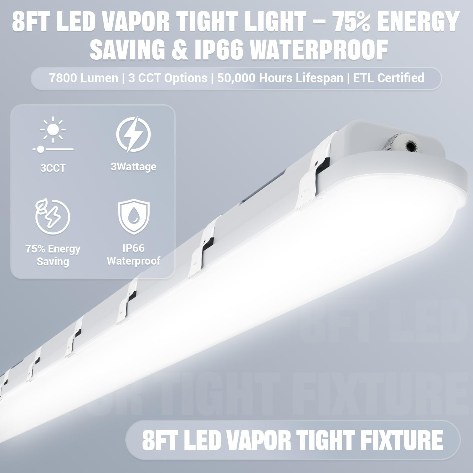 JTT 8FT LED Vapor Tight Light, 18000LM, IP66 Waterproof, 5000K/4000K/3000K, 2-Pack, White, Model 14