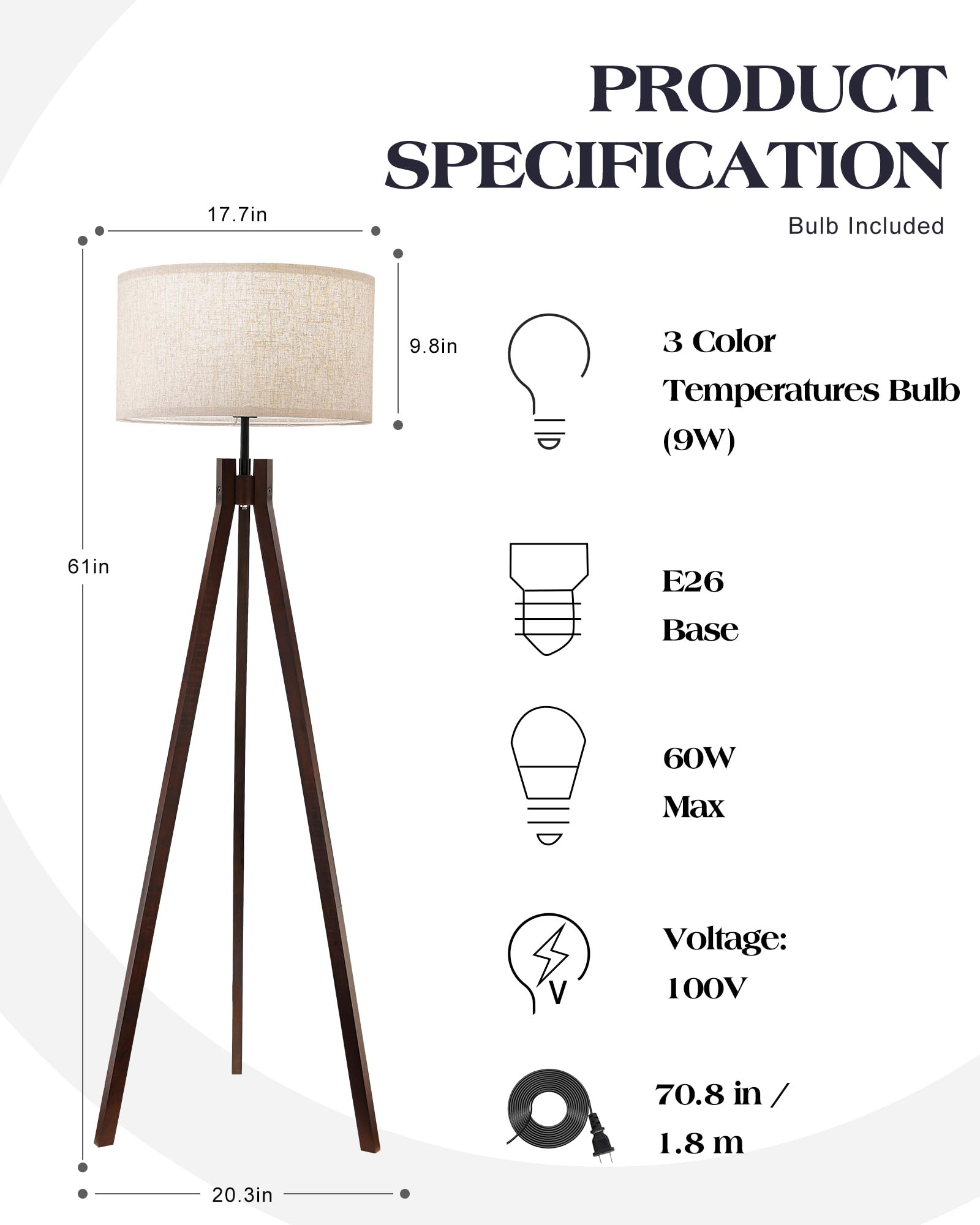 Elyona Wood Tripod Floor Lamp, 3 Color Temperatures, Modern Linen Shade, Walnut, Led Included