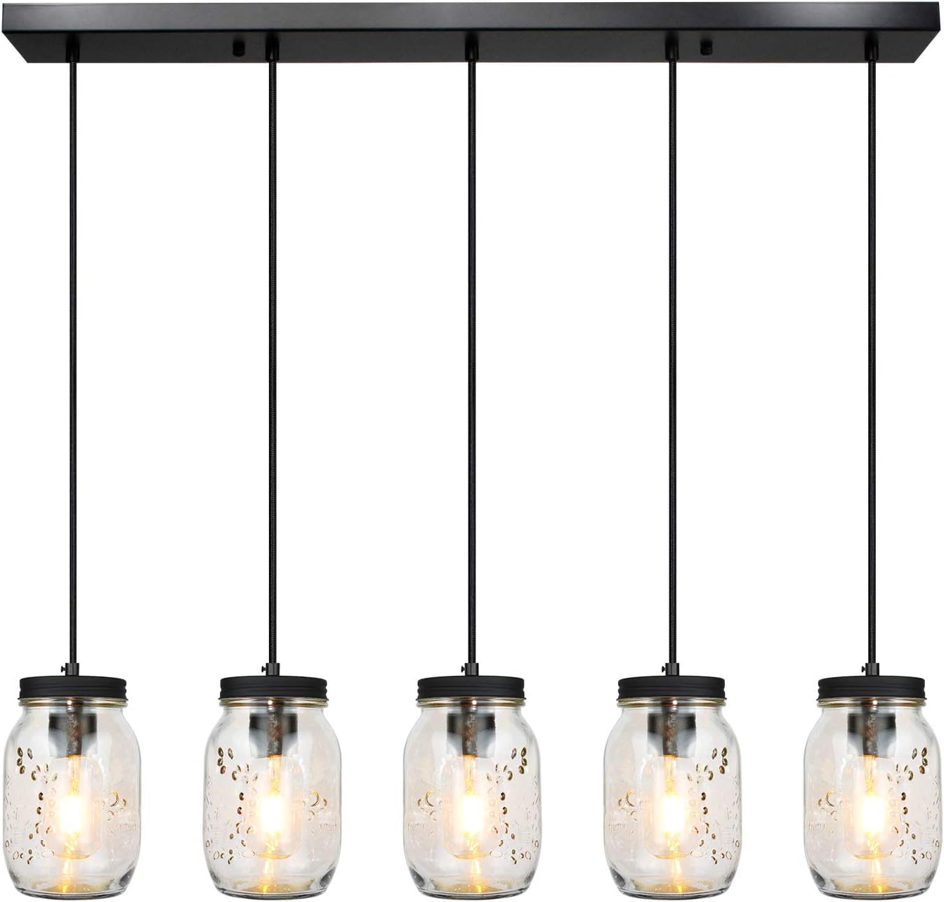 PUZHI HOME 5-Light Glass Mason Jar Pendant Lighting, Rustic Adjustable Height, Black, Model 31