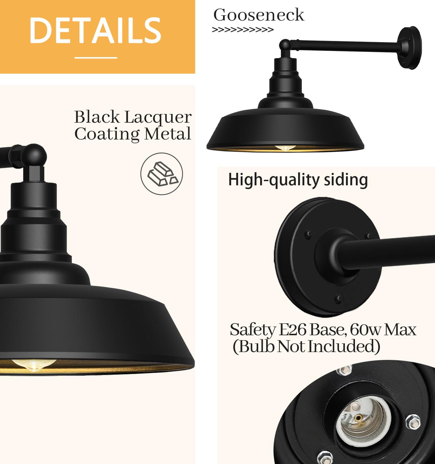 Franing 18" Gooseneck Barn Light - Black Metal Outdoor Fixture, Rust-Resistant, Model 8083, Ideal for Farmhouse Garage and Patio
