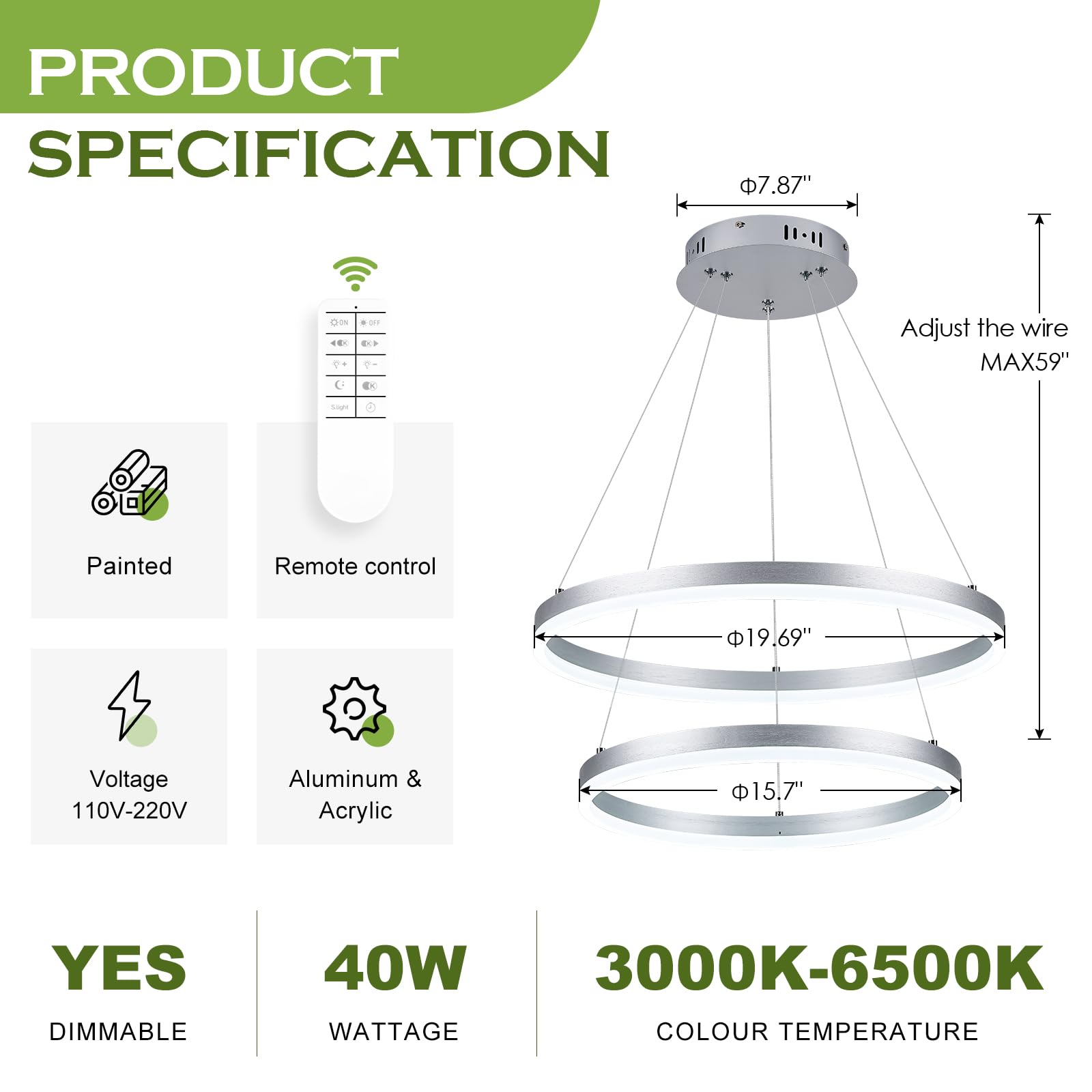 Benkut 2-Rings Modern Led Chandelier Silver For Dining Room, Circular Flush Mount Ceiling Chandelier Light Dimmable Pendant Light With Remote Control For Living Room Entrance Foyer, 3000K-6500K
