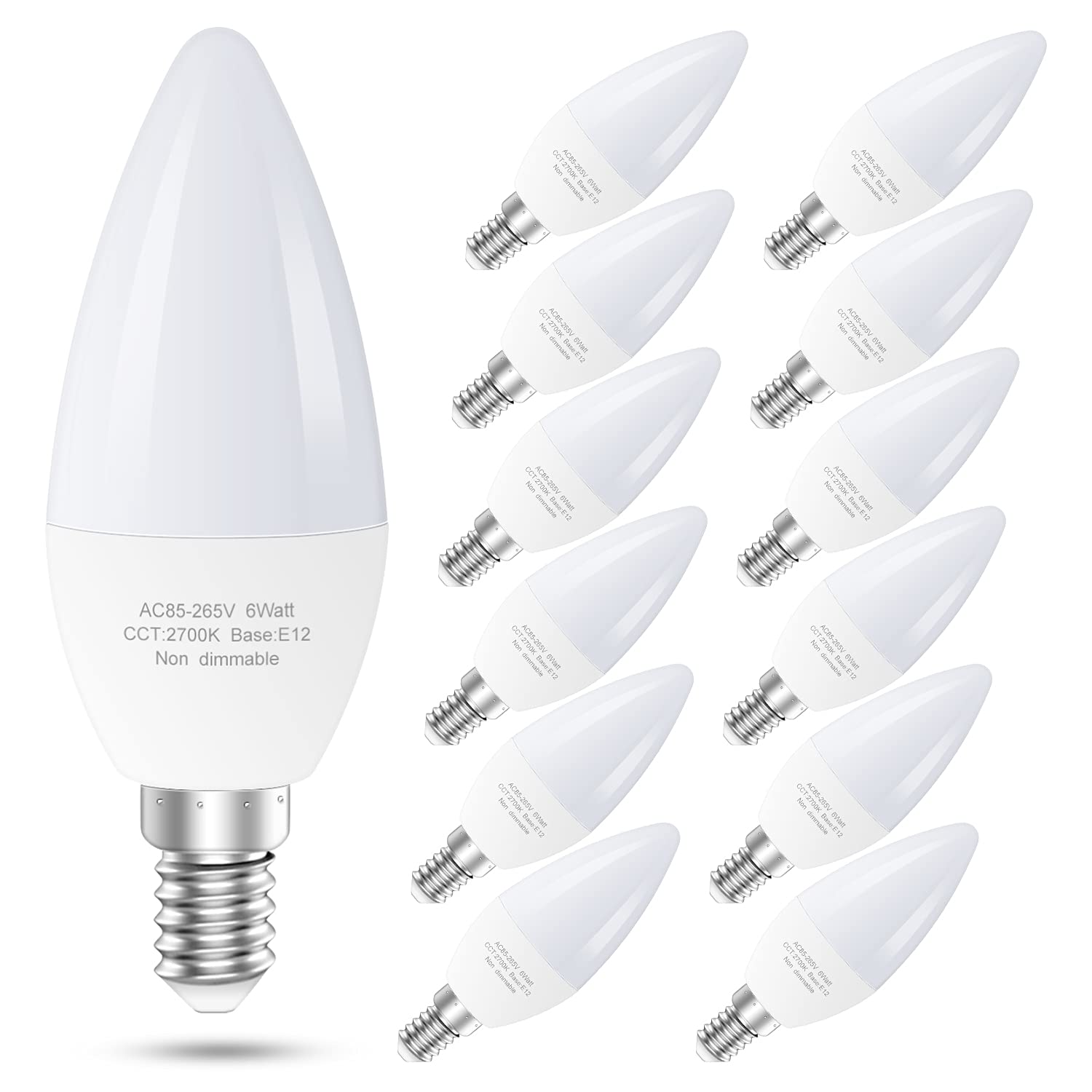 Led Candelabra Bulb E12, 60W Equivalent, 2700K Warm White, Non-Dimmable, 12
