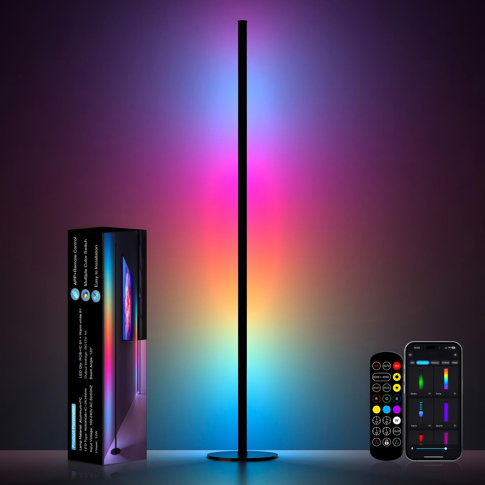 Eastfine Corner Floor Lamp, RGBWW IC Corner Lamp with APP and Remote Control, LED Floor Light with 16 Million DIY Colors, Color 