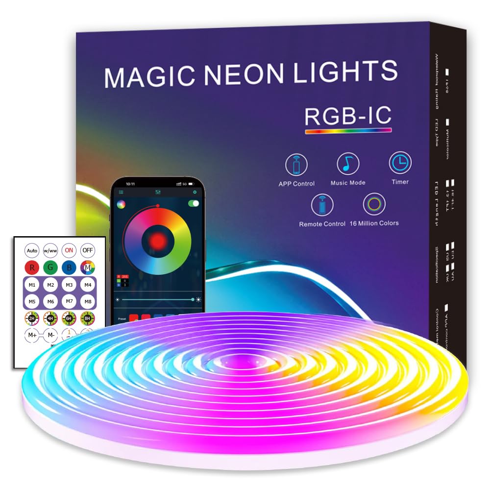 EcoMyLife LED Neon Rope Lights, 9.8ft Waterproof Dimmable Strip, RGB, Silicone, White, Model Neon-Light-5M