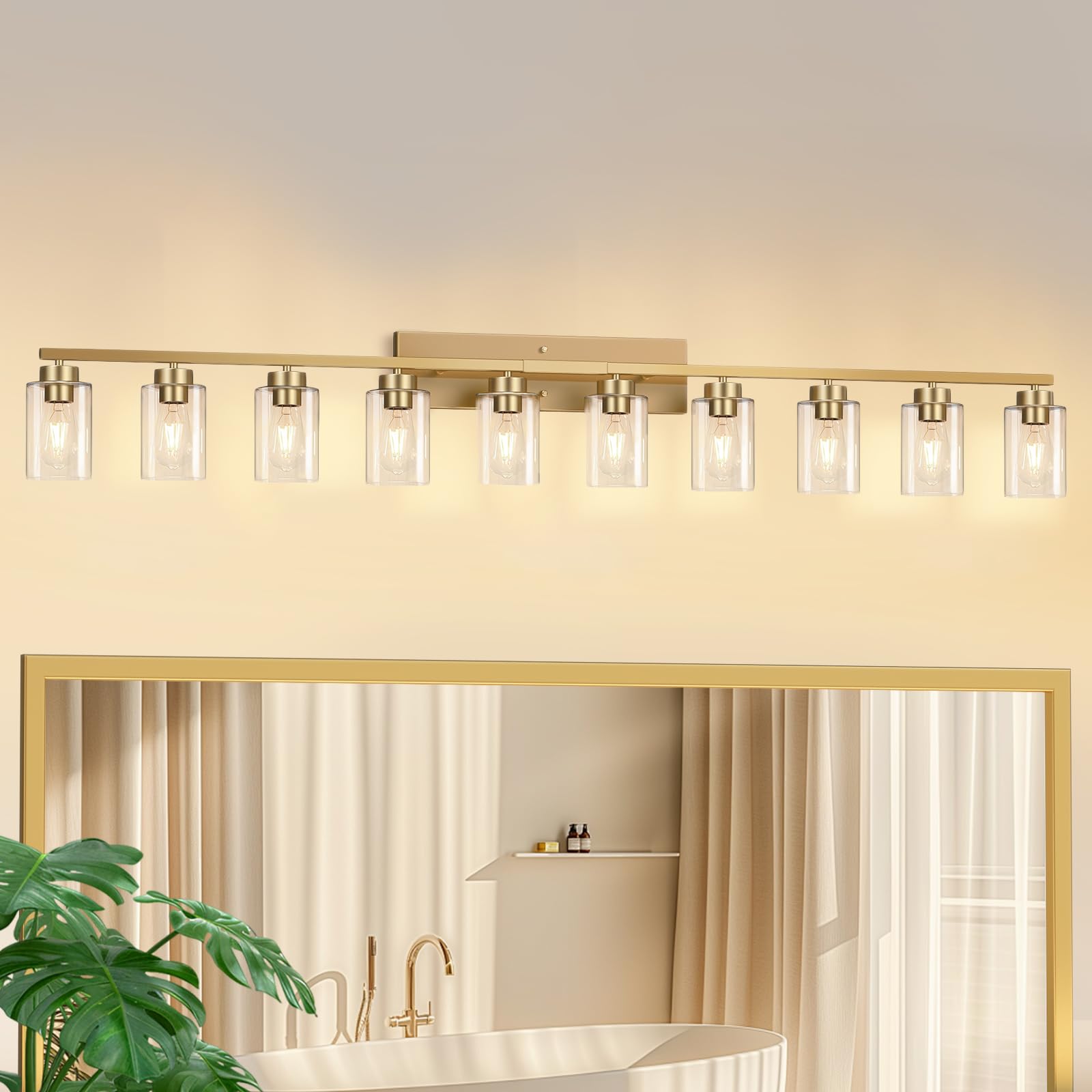 IZORRO Modern Bathroom Light Fixtures, 10 Light Gold Vanity Lights, Bathroom Lighting Fixtures Over Mirror with Clear Glass for 
