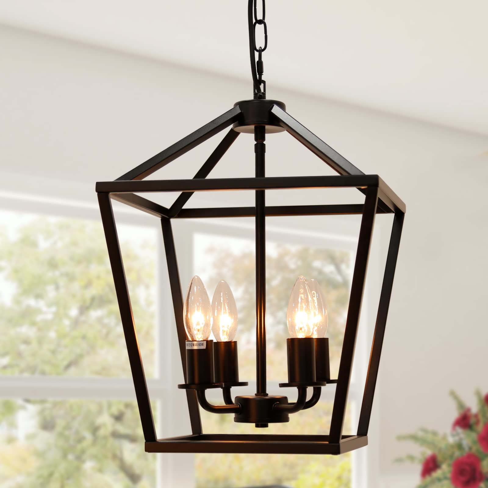 TELAFLY 4-Light Lantern Pendant Light,Modern Industrial Black Cage Farmhouse Chandelier for Kitchen Island,12'' Rustic Metal Han