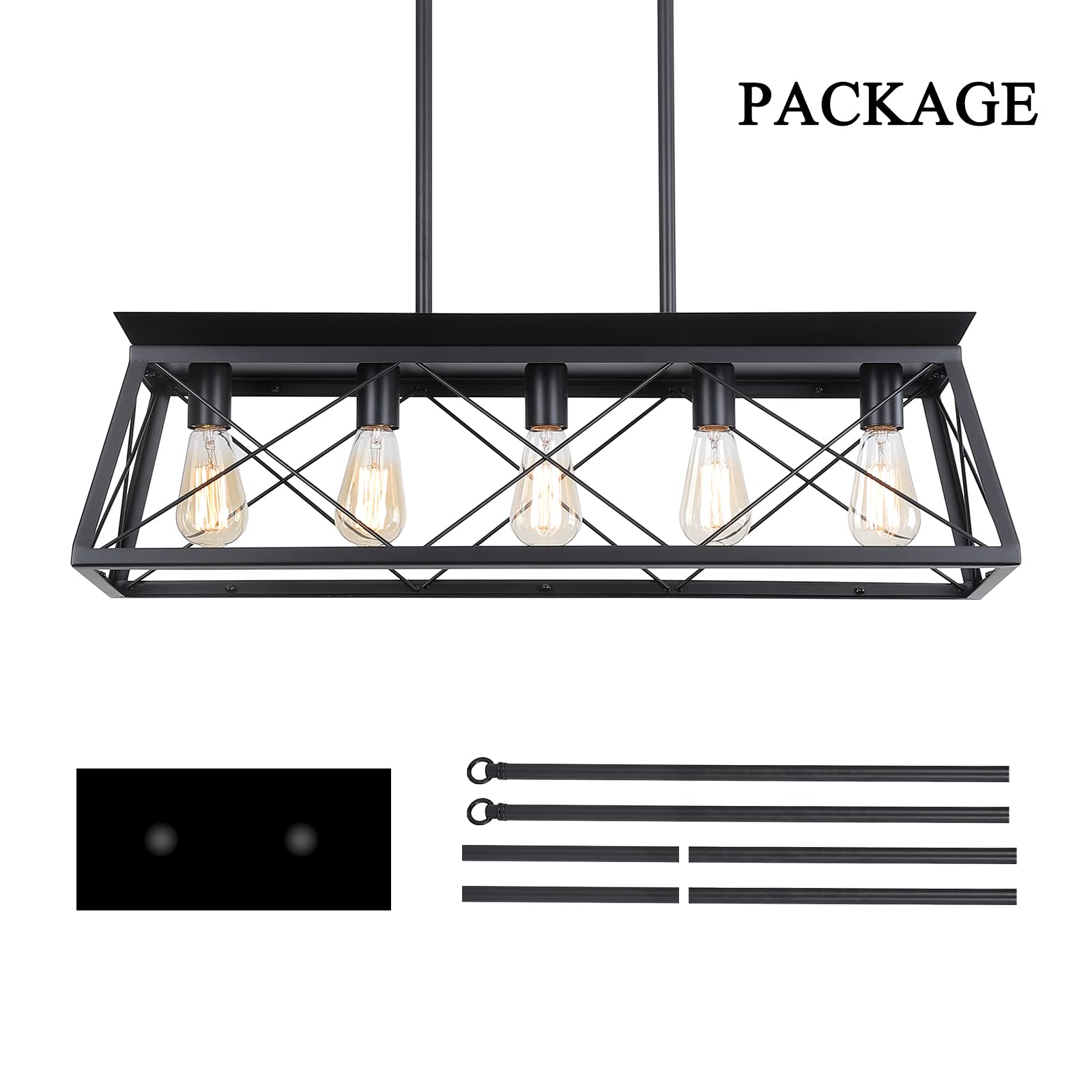 XIPUDA 5-Light Linear Pendant Chandelier, Rustic Iron Ceiling Light Fixture, Black, Model XPD-0059