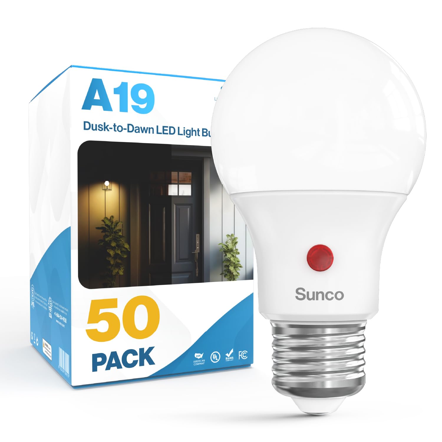Sunco 50 Pack Dusk To Dawn Led Outdoor Light Bulb A19  Photocell Automatic For Exterior Lighting  800 Lm  9W (60W Eqv.)  3000K Warm White  Auto On/Off Sensor  Ip65 Rated Ul.
