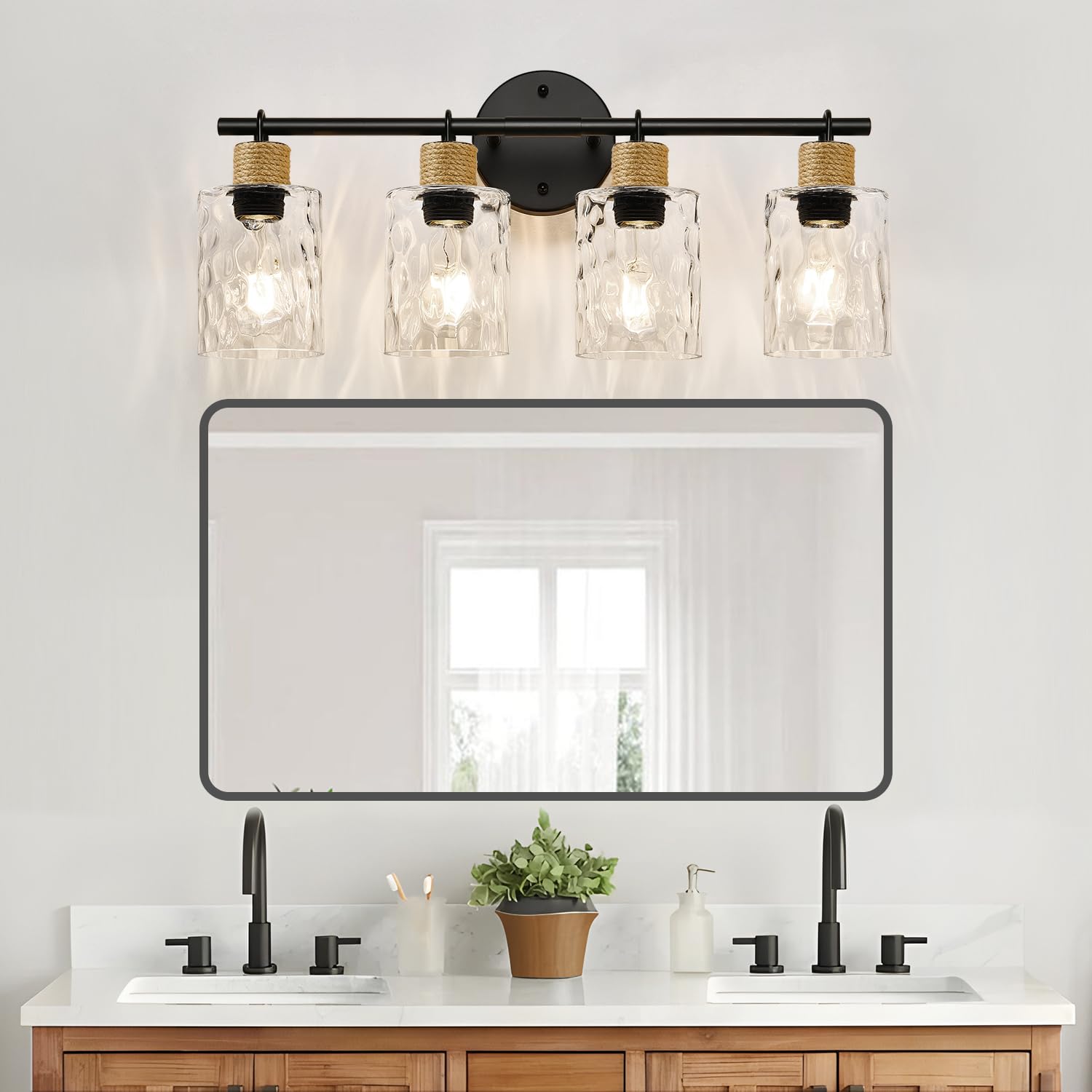 MOKATNG 4-Light Coastal Vanity Lights, Crystal Glass Shade, Matte Black, Model YX-057
