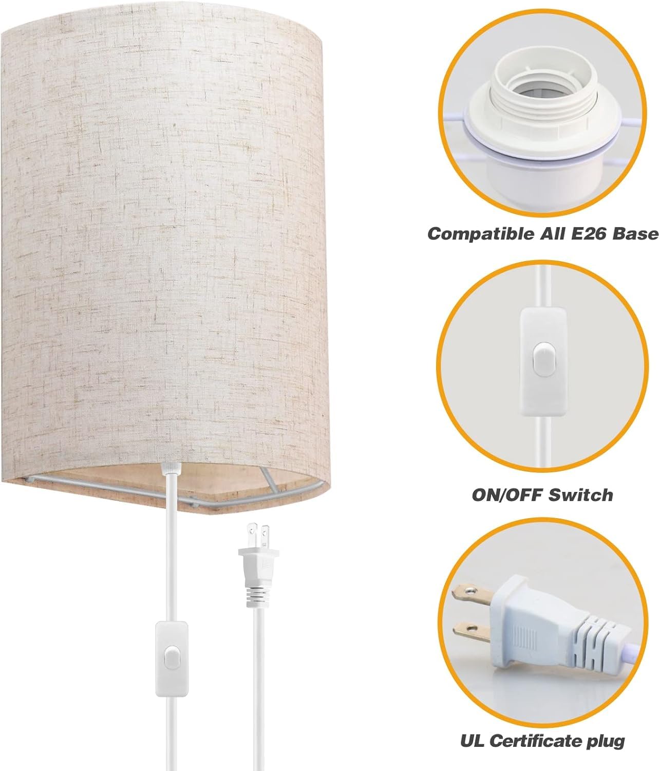 Beser·Win Plug in Wall Sconce Set of Two, Rustic Beige Fabric Lamps with On/Off Switch, Industrial Design for Bedroom and Porch