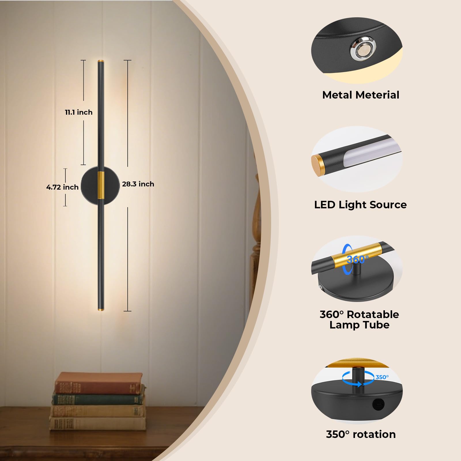 GvvooHome 28" Wireless Wall Sconce, 360° Rotation, Rechargeable LED, 3000K-6500K, Black Gold, Model HCP042