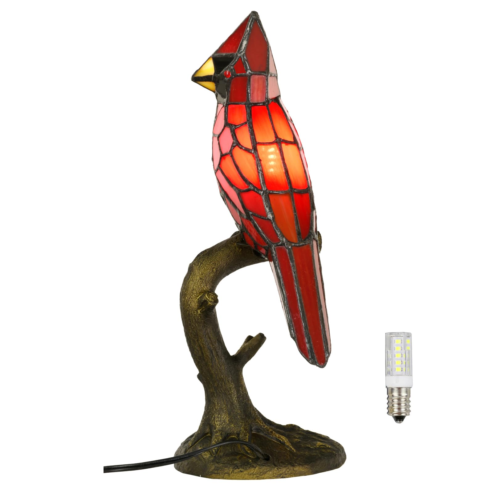 HomeBeauty A0011 Cardinal Tiffany Style Table Lamp Handmade Stained Glass Red Bird Lamp in Height 14.5 Overall for Bedside Livin