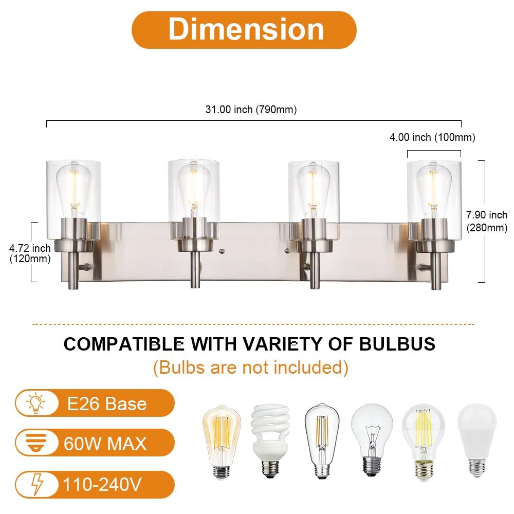 VINLUZ 4-Light Bathroom Vanity Light Fixture, Brushed Nickel Metal Sconces, Modern Industrial Design, Model 1810-4W-13