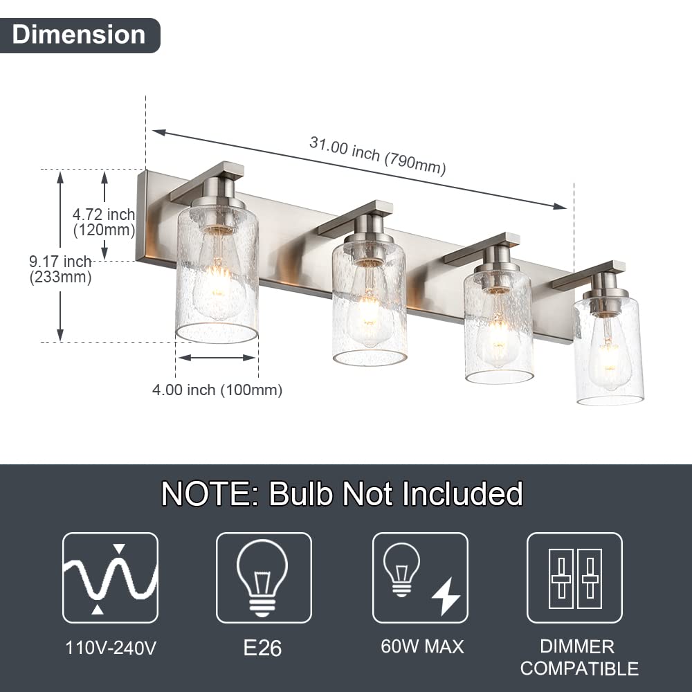 WINSHEN Modern Glass Bathroom Wall Light Fixture, 4-Lights, 31-Inches, Brushed Nickel, Metal, Model SG-501-4L-SN