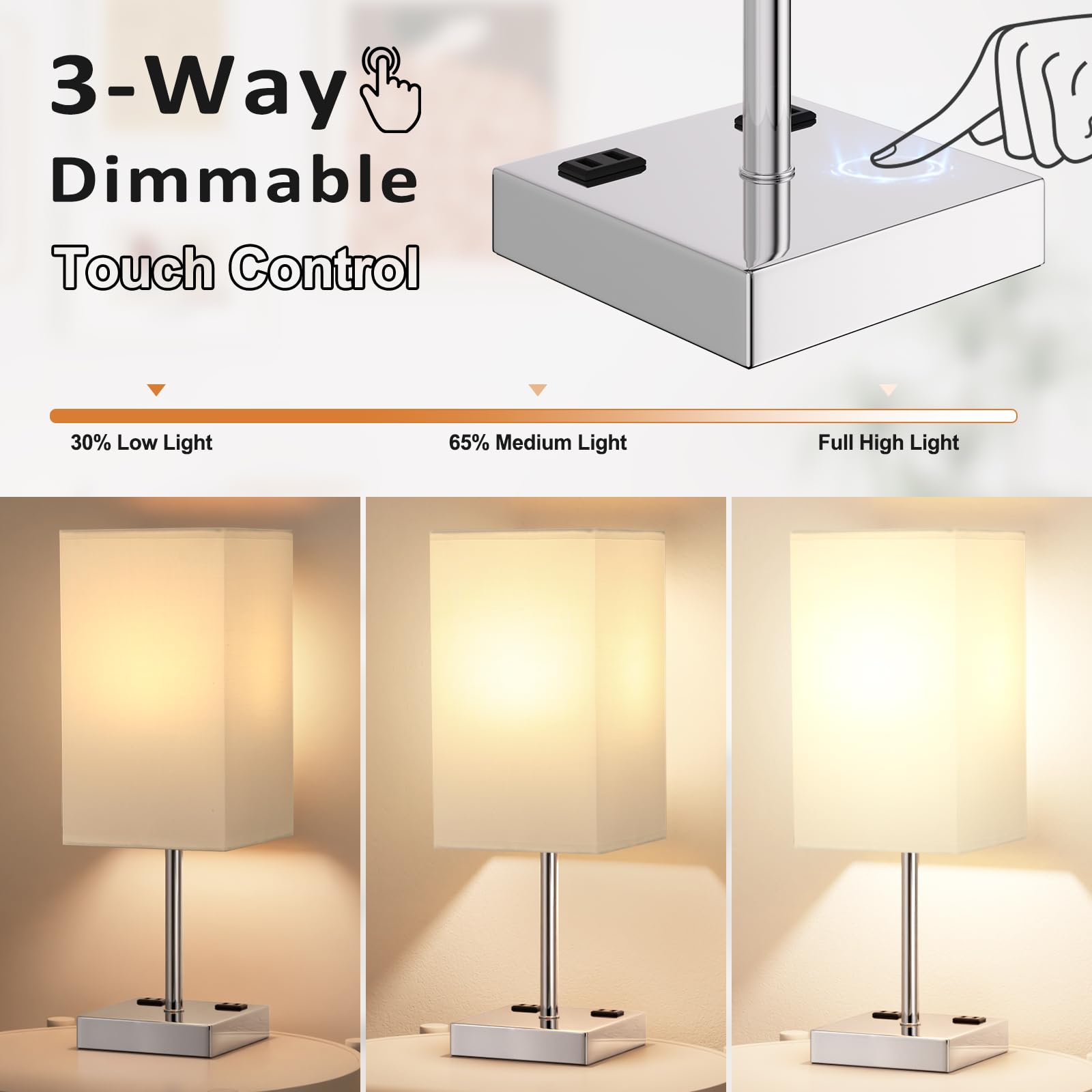 aooshine Touch Bedside Table Lamp - 3-Way Dimmable, USB A + Type C Ports, 17.4in, White & Silver, Model 3-13, Includes