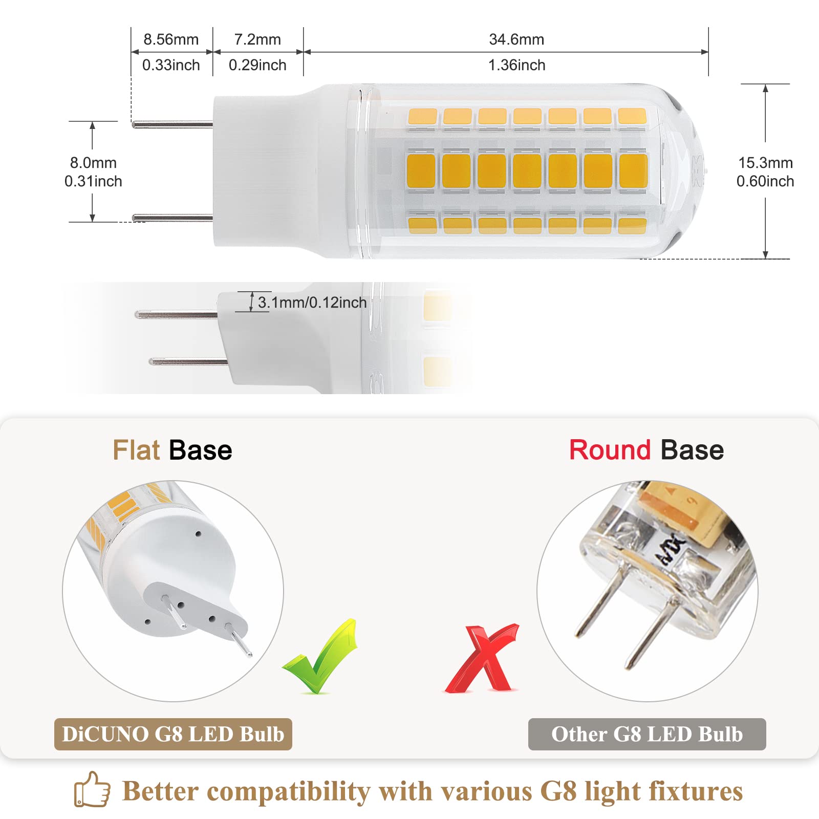 DiCUNO G8 LED Bulb 4W Flat Base, 450LM, Warm White 3000K, Non-dimmable, 6-Pack