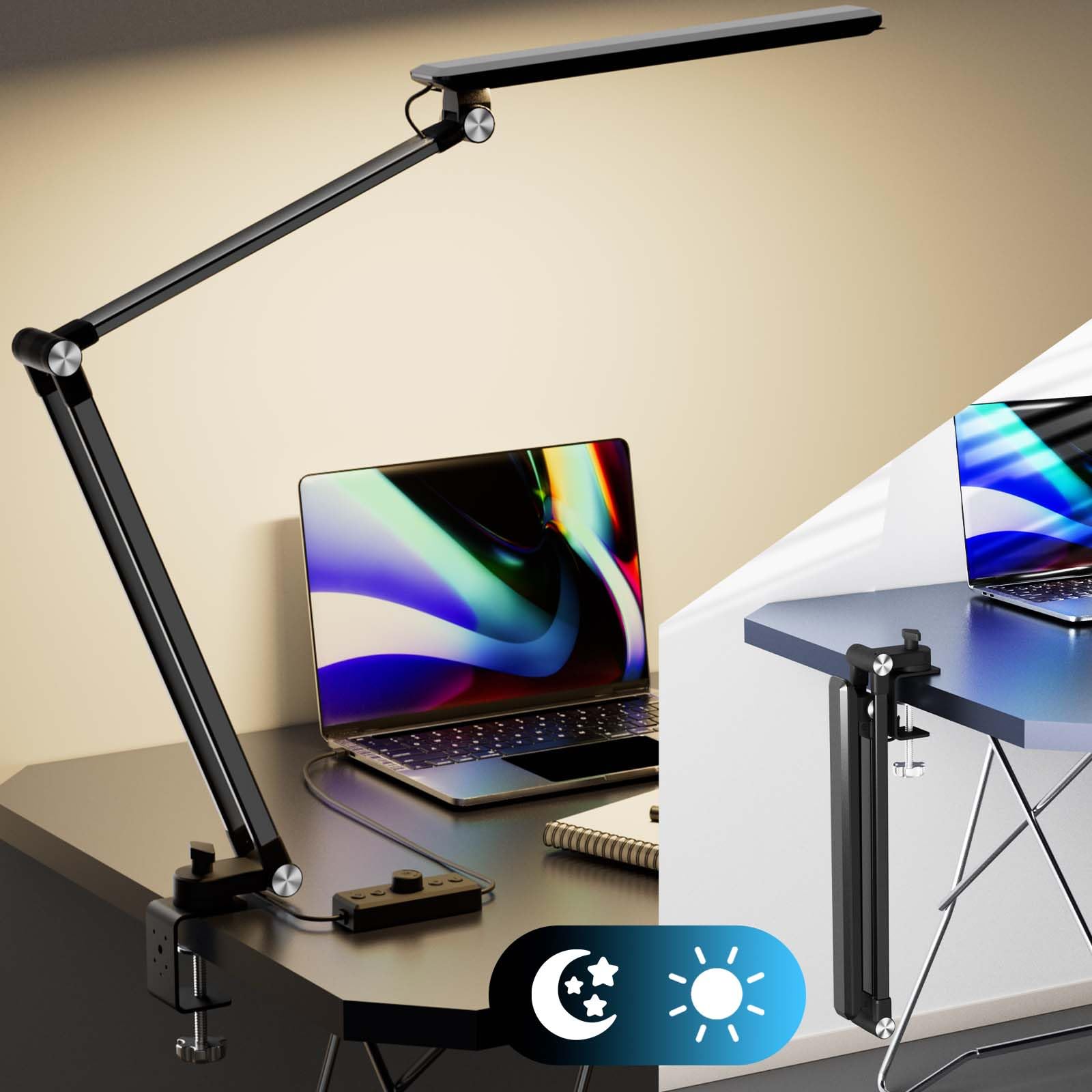 Reifeiniwei Desk Lamp with Clamp for Home Office,Knob Stepless Adjusts Brightness&8 Color Eye Caring LED Work Light,Clip on Tabl