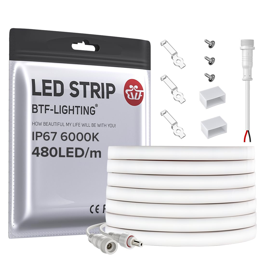 BTF-LIGHTING FCOB LED Strip 16.4FT DC12V IP67 Waterproof Cool White 6000K High Density 480LED/m