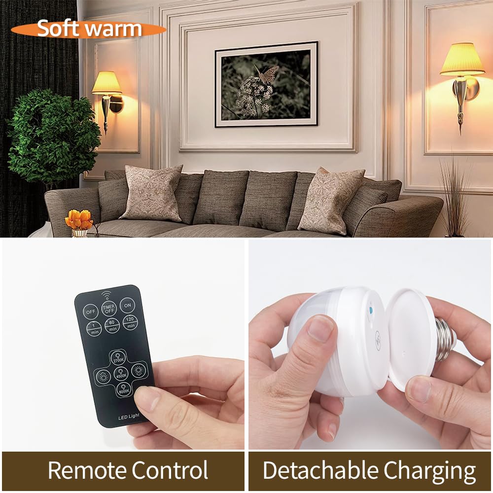 BLUEYE Rechargeable Light Bulbs 2-Pack, 7W Remote Control, Soft Warm 2700K-6000K, E26/E12, 450 Lumens, Battery Operated