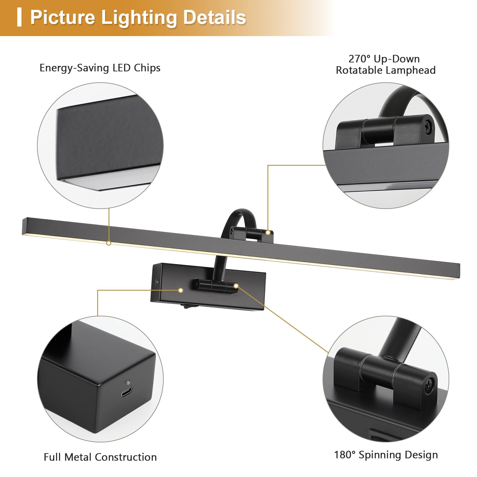 DESOOP Wireless Picture Lights - Battery Operated Black Art Lighting, 23.62 inch, Acrylic, Model 9862, Dimmable with Remote & Timer