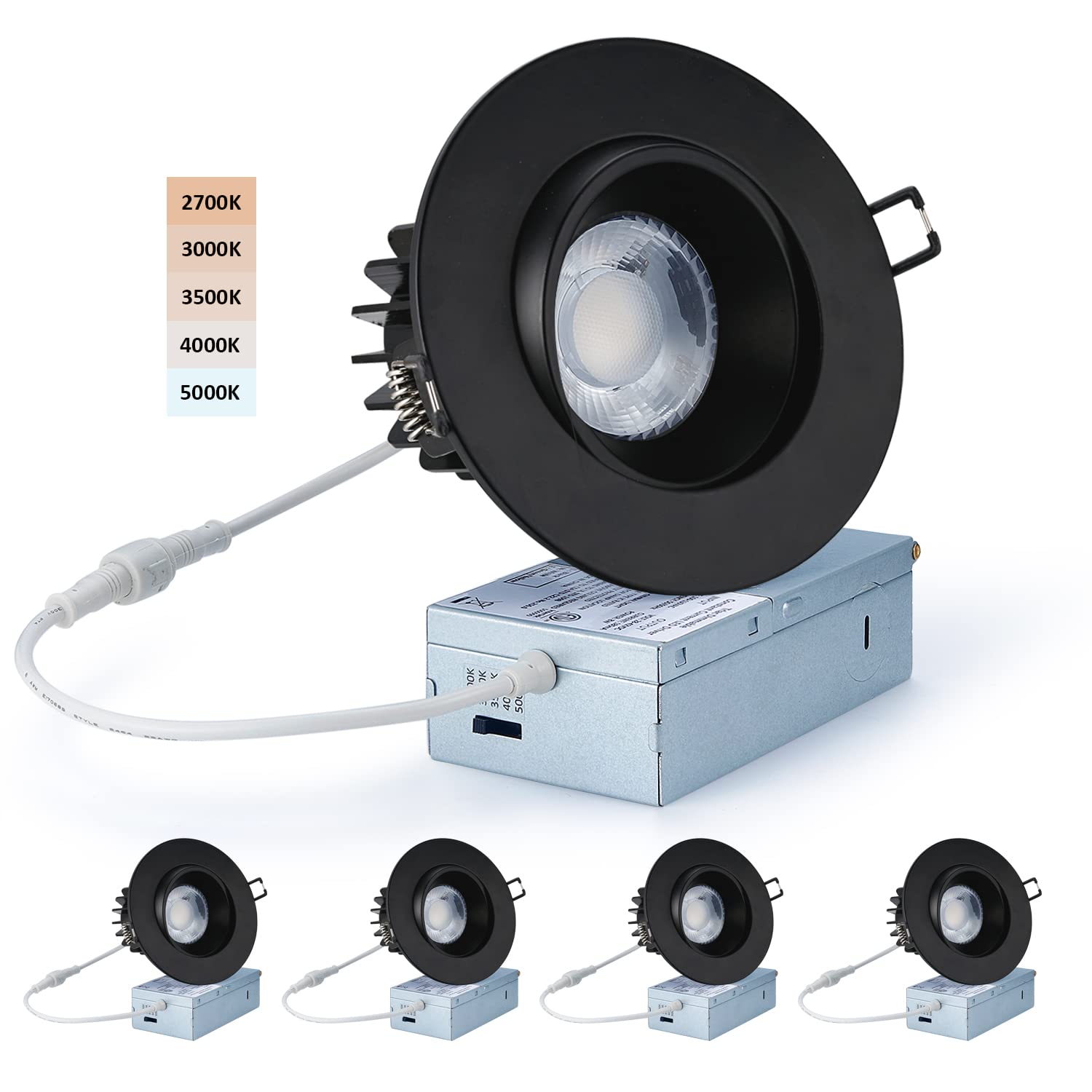 POPANU Canless Recessed Gimbal Downlight - Suitable for 20ft High Ceiling 1200lm 4 Inch 15W LED Rotatable Eyeball Spotlight  5CCT Dimmable Lights with Junction Box  Anti-Glare  Black 4 Pack