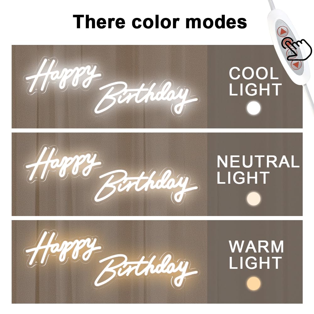 divatla Happy Birthday Neon Sign - 3 Color Modes, USB, Dimmable - 17inx12in or 30inx14in - Warm, Warm White, White
