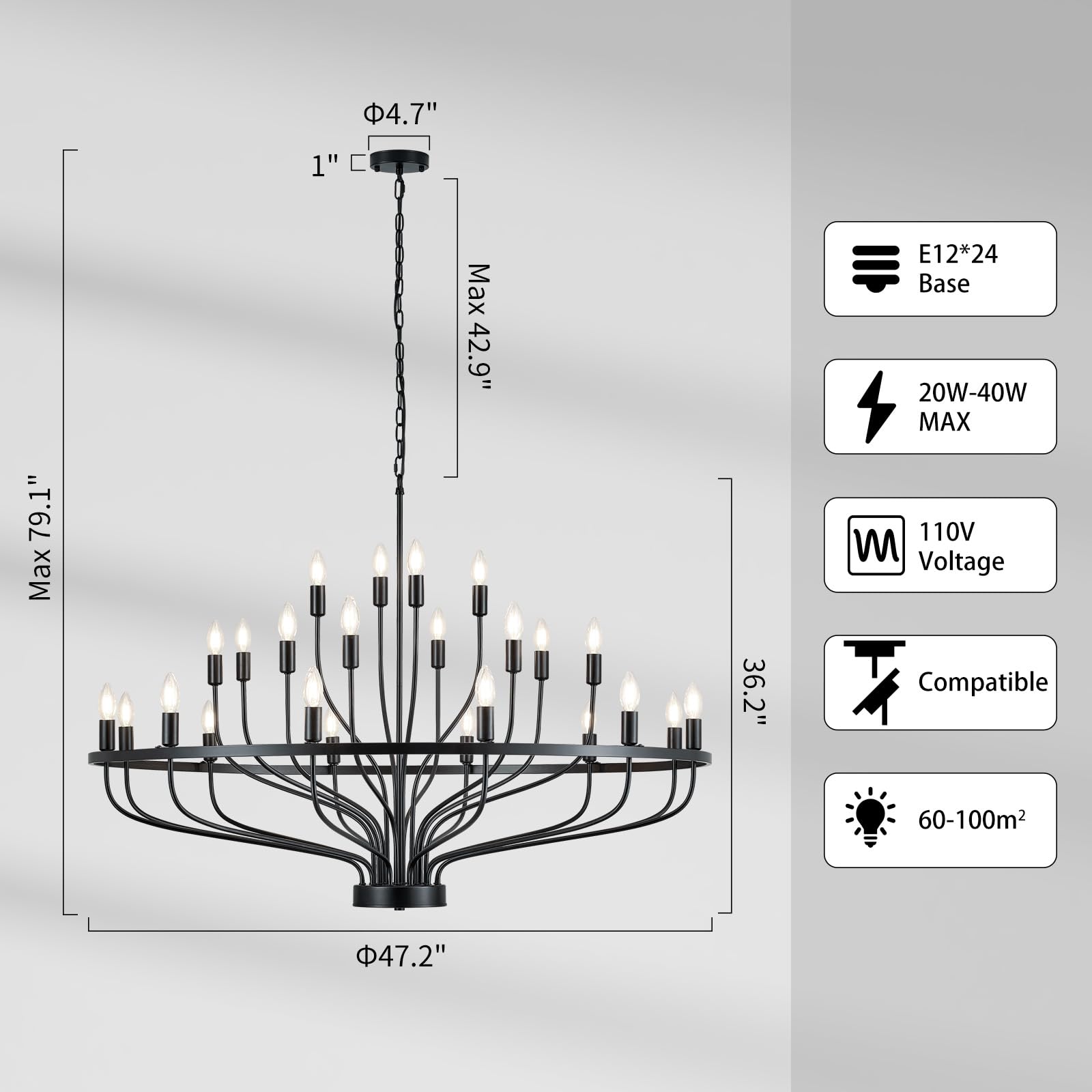 Widluth 47.2'' Large Black Chandelier 24 Light Rustic Industrial Candle Chandeliers Modern Farmhouse Vintage Wagon Wheel Chandel