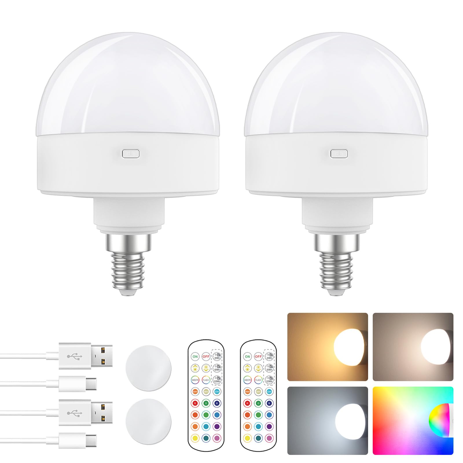 E12 Rechargeable Light Bulb With Remote Control Timer And 15 Colors Options,Battery Operated Light Bulbs,Magnetically,Dimmer,Wir