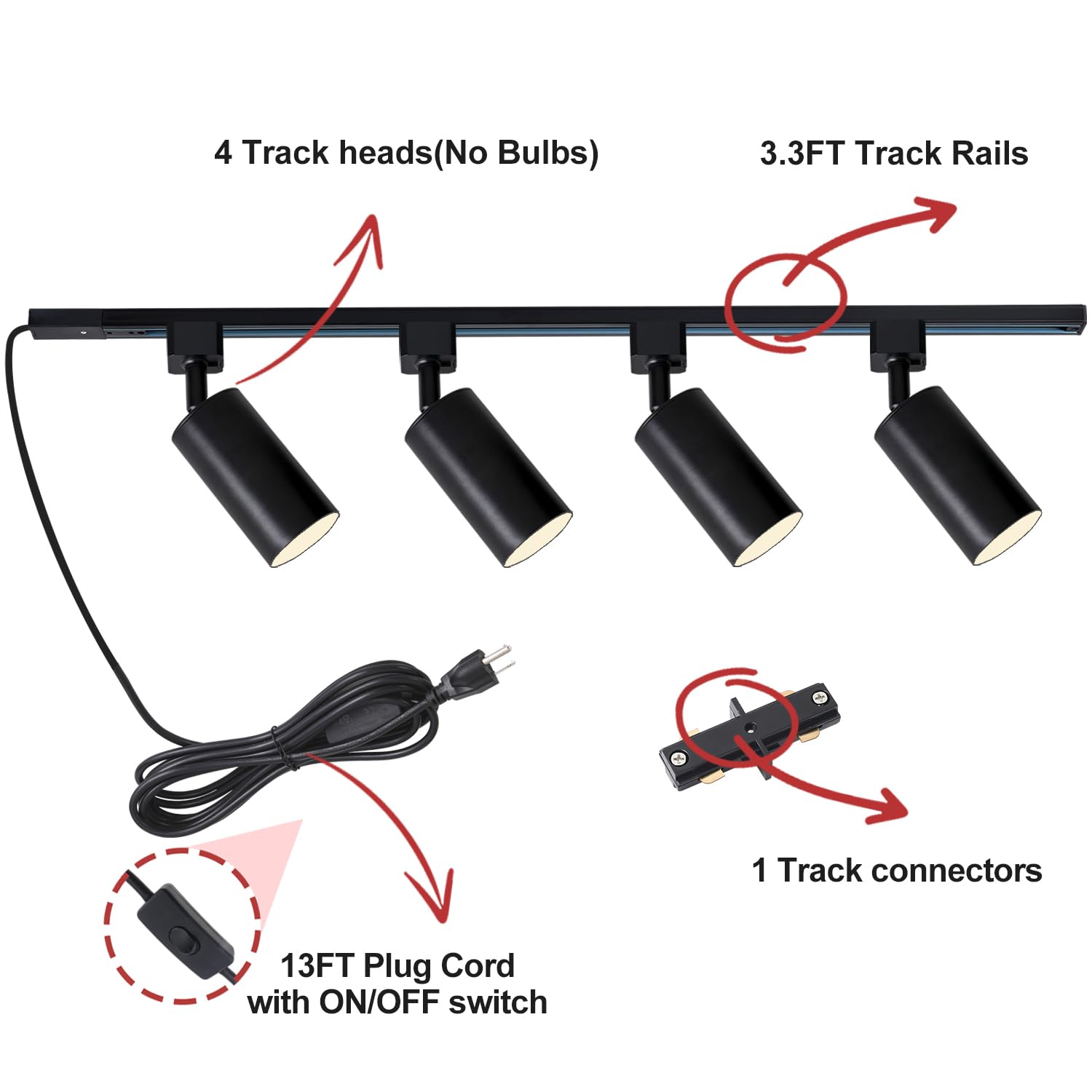 Lraemxg Plug In Track Lighting With Power Cord, 4-Light Gu10 Track Lighting Kit With 3.3Ft H Type Track Lighting Rails, Modern Kitchen Led Track Lighting Fixtures Ceiling Spot Light, Black (No Bulbs)