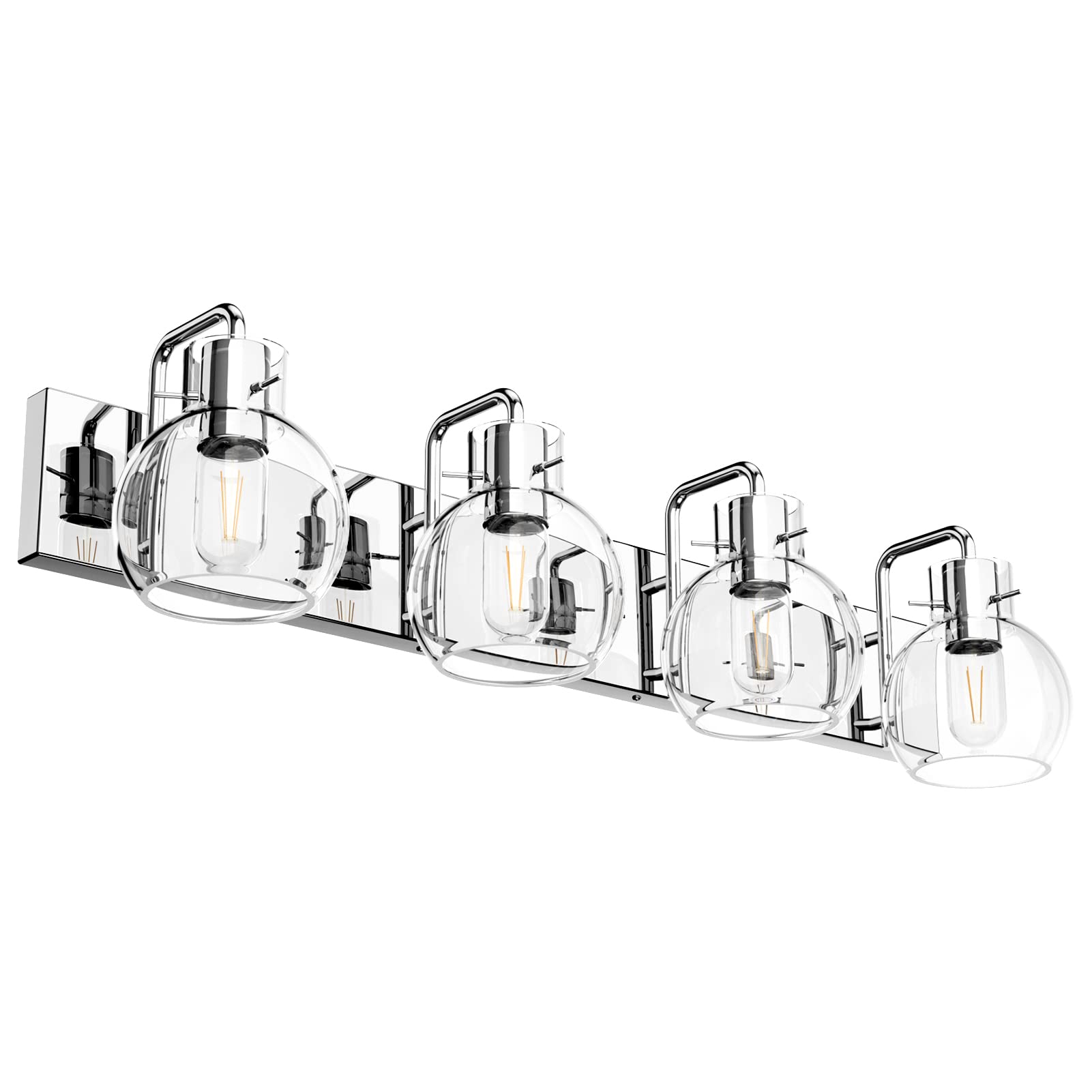 Tipace Chrome Bathroom Vanity Light Fixture, 4-Light Glass Globe, Stainless Steel, Model L-7491, Farmhouse Style